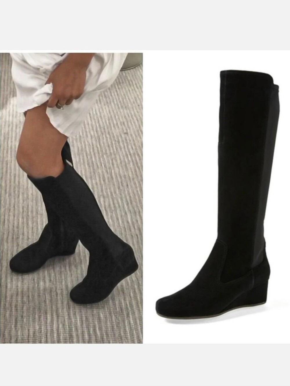 New Leather and Suede Women's Black Knee High Wedge Heeled Boot By Rockports - Picture 2 of 9